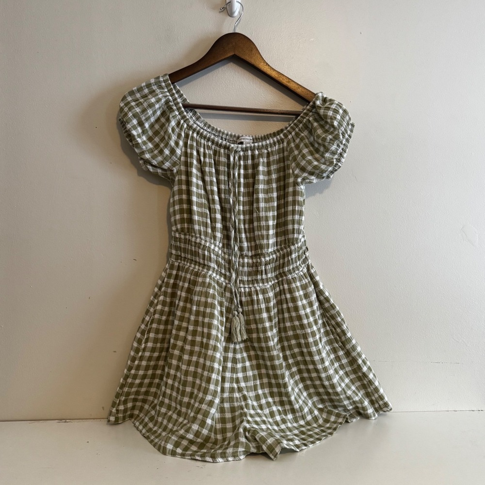 Women's S Green Gingham Puff Sleeve Smocked Waist Romper Cottagecore Cotton